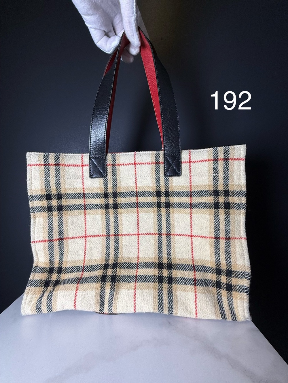 Burberry Beige Plaid Tote with Black Leather Handles and Red Lining